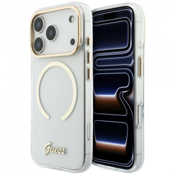 Guess IML Script Metal MagSafe dėklas, skirtas Apple iPhone 18 Pro / 17 Pro, permatomas
