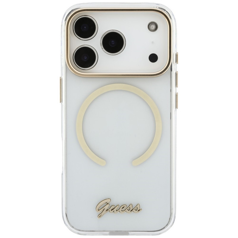 Guess IML Script Metal MagSafe dėklas, skirtas Apple iPhone 18 Pro / 17 Pro, permatomas