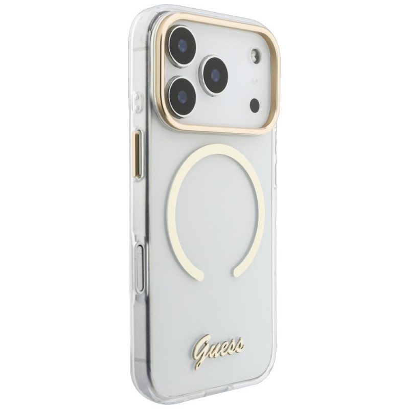 Guess IML Script Metal MagSafe dėklas, skirtas Apple iPhone 18 Pro / 17 Pro, permatomas