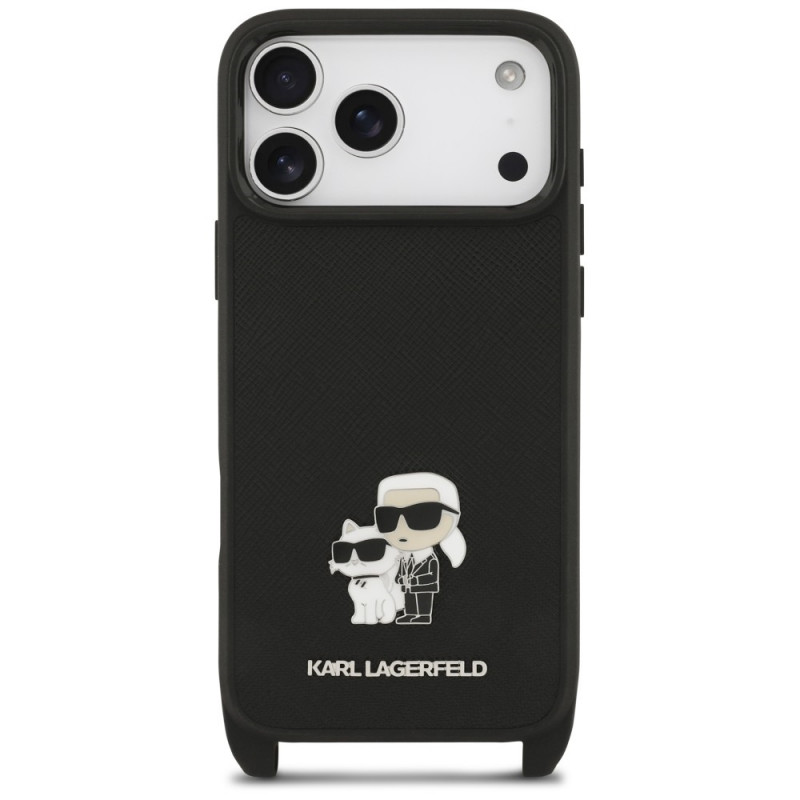 Karl Lagerfeld Saffiano Karl&Choupette Metal Pin CBDY Strap dėklas, skirtas Apple iPhone 18 Pro Max / 17 Pro Max, juodas