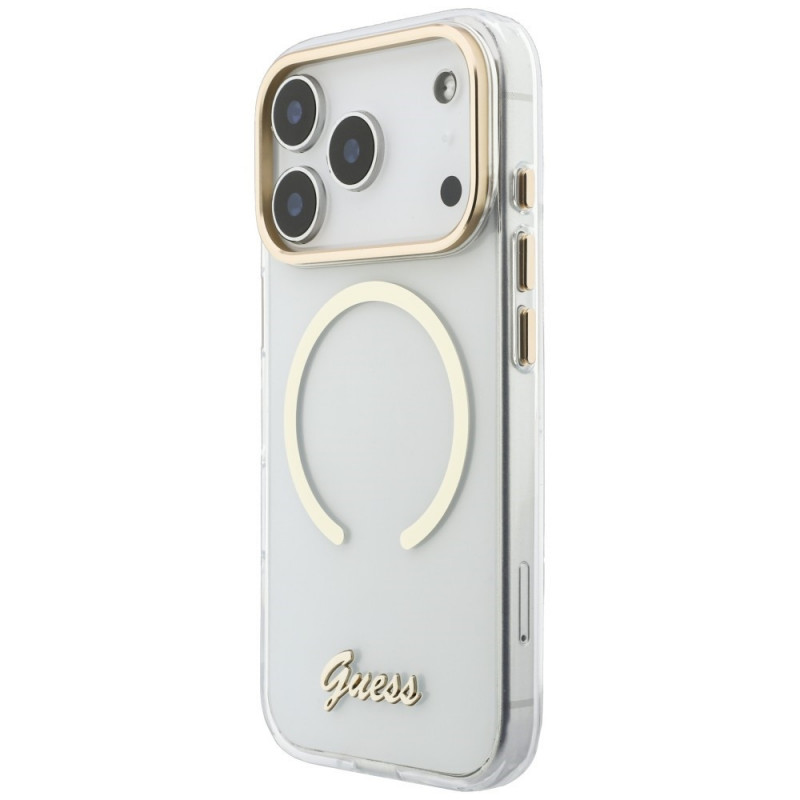 Guess Guess IML Script Metal MagSafe dėklas, skirtas Apple iPhone 18 Pro Max / 17 Pro Max, permatomas