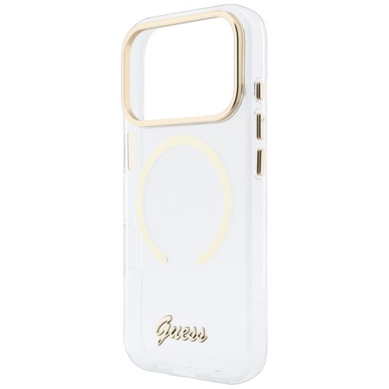 Guess Guess IML Script Metal MagSafe dėklas, skirtas Apple iPhone 18 Pro Max / 17 Pro Max, permatomas
