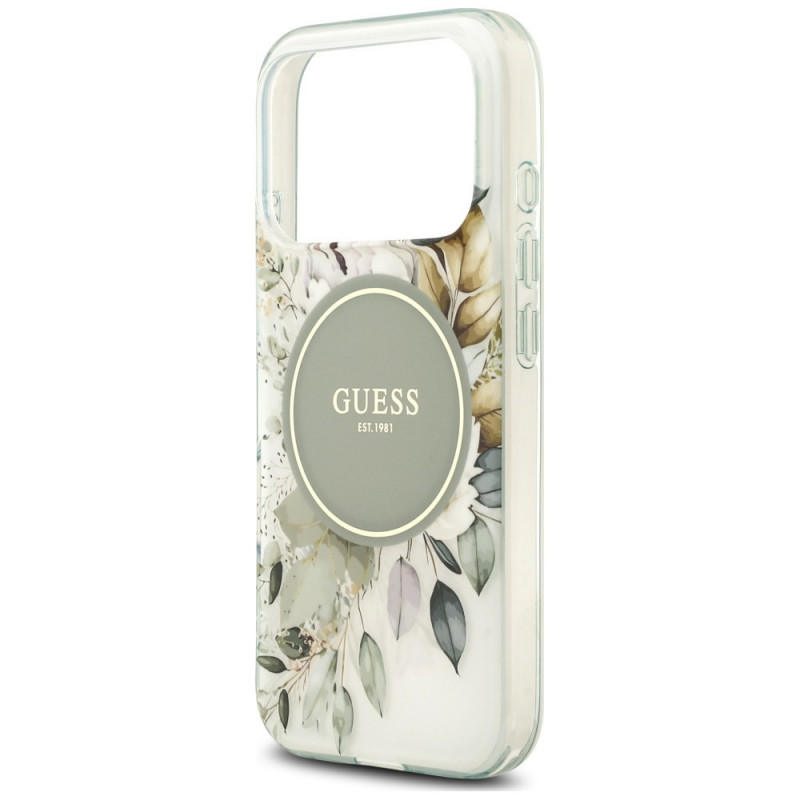 Guess IML Flower & Tonal Circle MagSafe dėklas, skirtas Apple iPhone 18 Pro / 17 Pro, žalias