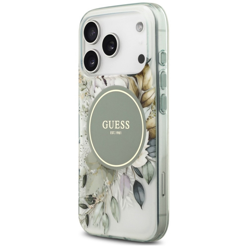 Guess IML Flower & Tonal Circle MagSafe dėklas, skirtas Apple iPhone 18 Pro Max / 17 Pro Max, žalias