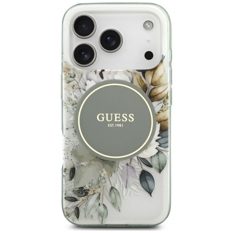 Guess IML Flower & Tonal Circle MagSafe dėklas, skirtas Apple iPhone 18 Pro Max / 17 Pro Max, žalias