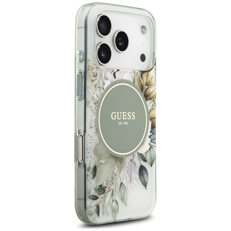Guess IML Flower & Tonal Circle MagSafe dėklas, skirtas Apple iPhone 18 Pro Max / 17 Pro Max, žalias