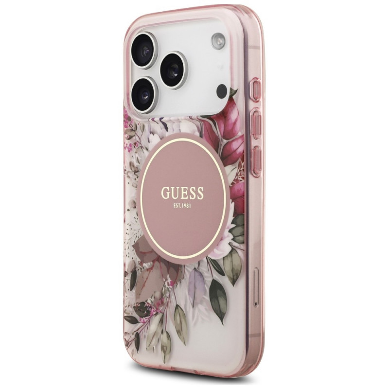 Guess IML Flower & Tonal Circle MagSafe dėklas, skirtas Apple iPhone 18 Pro Max / 17 Pro Max, rožinis