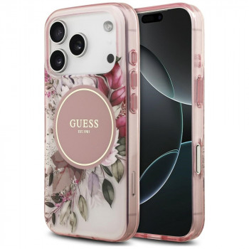 Guess IML Flower & Tonal Circle MagSafe dėklas, skirtas Apple iPhone 18 Pro / 17 Pro, rožinis