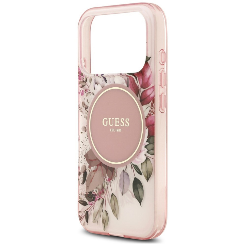 Guess IML Flower & Tonal Circle MagSafe dėklas, skirtas Apple iPhone 18 Pro / 17 Pro, rožinis