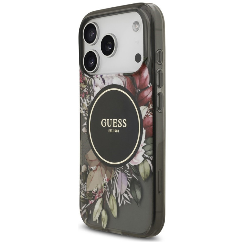 Guess IML Flowers Pearl Strap MagSafe dėklas, skirtas Apple iPhone 18 Pro / 17 Pro, juodas