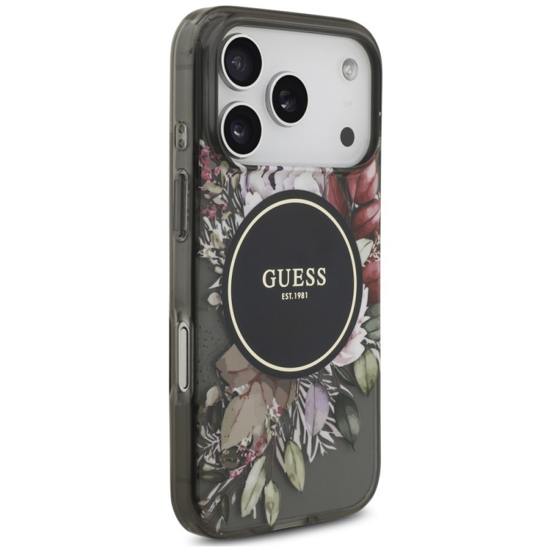 Guess IML Flowers Pearl Strap MagSafe dėklas, skirtas Apple iPhone 18 Pro / 17 Pro, juodas