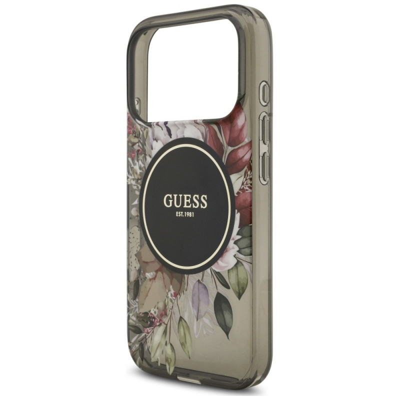 Guess IML Flowers Pearl Strap MagSafe dėklas, skirtas Apple iPhone 18 Pro / 17 Pro, juodas