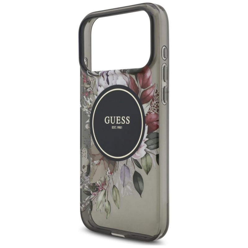 Guess IML Flowers Pearl Strap MagSafe dėklas, skirtas Apple iPhone 18 Pro Max / 17 Pro Max, juodas