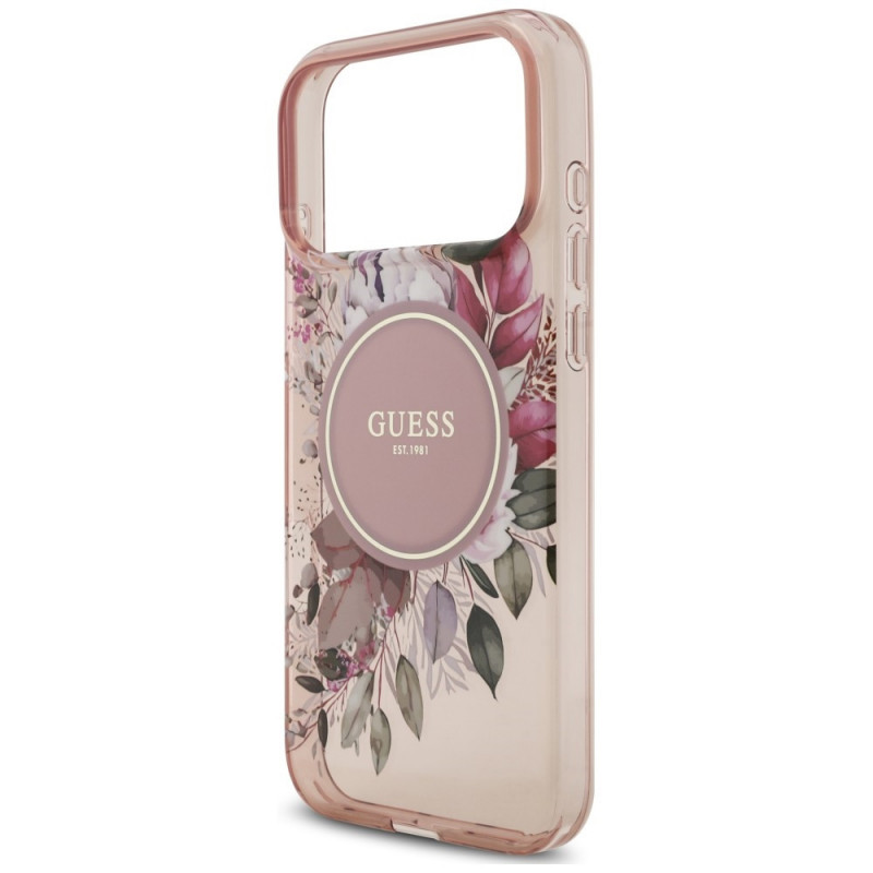 Guess Guess IML Flowers Pearl Strap MagSafe dėklas, skirtas Apple iPhone 18 Pro / 17 Pro, rožinis