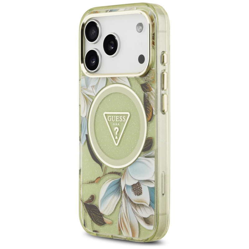 Guess IML Glitter Flowers Triangle MagSafe dėklas, skirtas Apple iPhone 18 Pro Max / 17 Pro Max, žalias