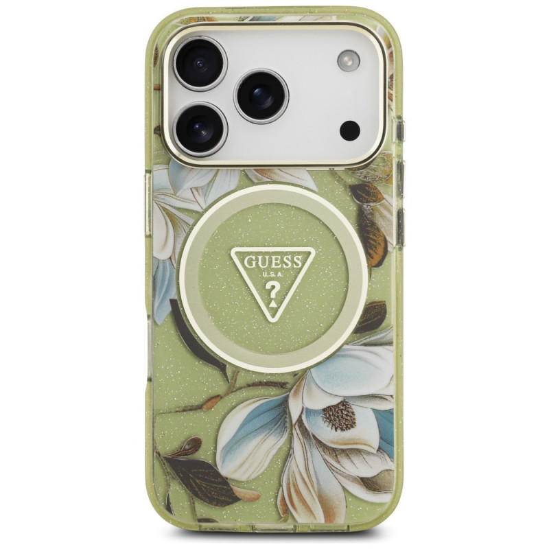 Guess IML Glitter Flowers Triangle MagSafe dėklas, skirtas Apple iPhone 18 Pro Max / 17 Pro Max, žalias