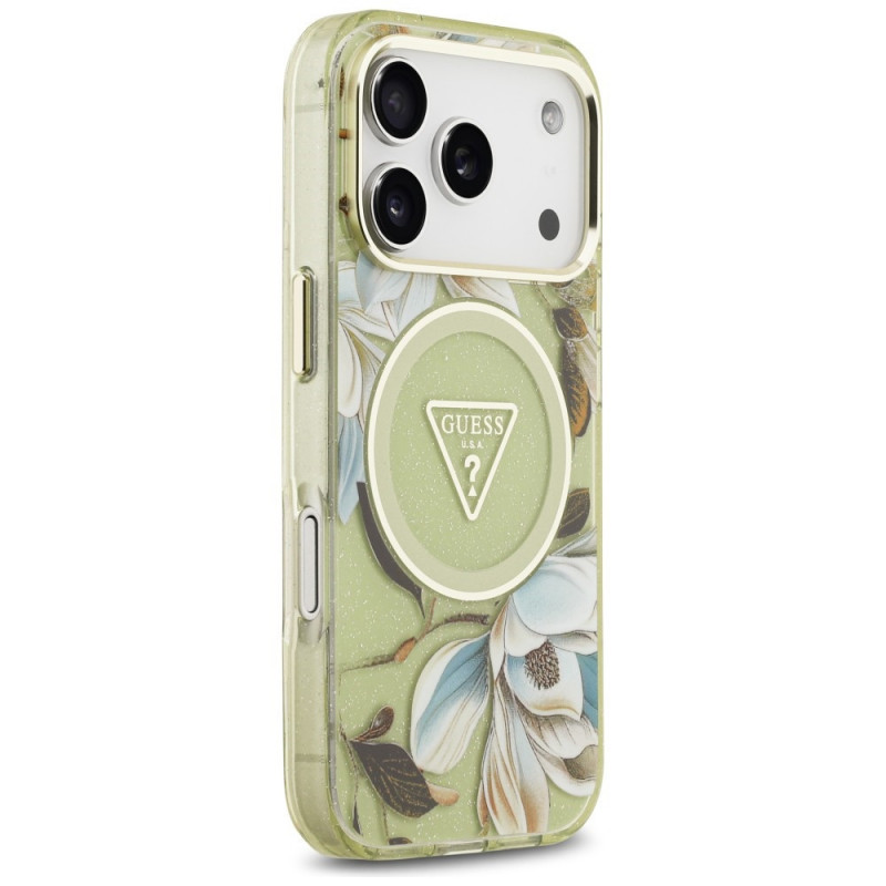 Guess IML Glitter Flowers Triangle MagSafe dėklas, skirtas Apple iPhone 18 Pro Max / 17 Pro Max, žalias