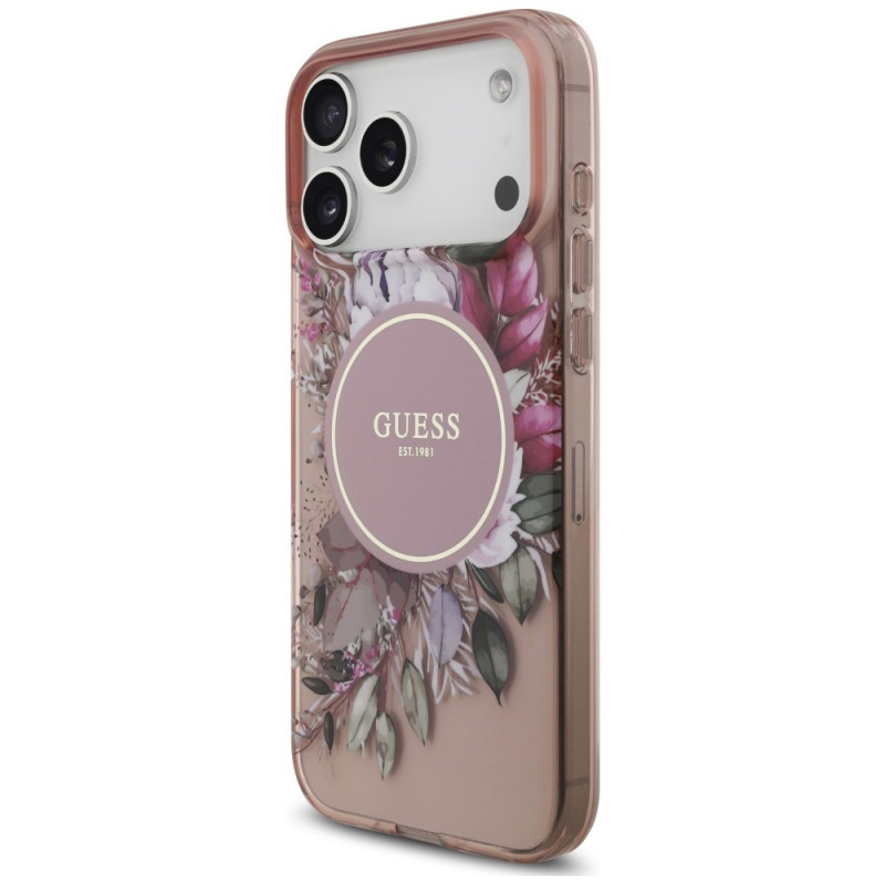 Guess Guess IML Flowers Pearl Strap MagSafe dėklas, skirtas Apple iPhone 18 Pro Max / 17 Pro Max, rožinis