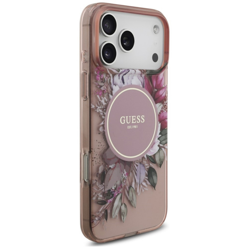 Guess Guess IML Flowers Pearl Strap MagSafe dėklas, skirtas Apple iPhone 18 Pro Max / 17 Pro Max, rožinis