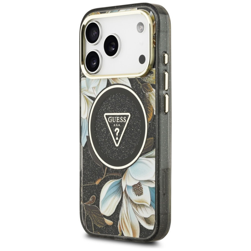 Guess Guess IML Glitter Flowers Triangle MagSafe dėklas, skirtas Apple iPhone 18 Pro Max / 17 Pro Max, juodas