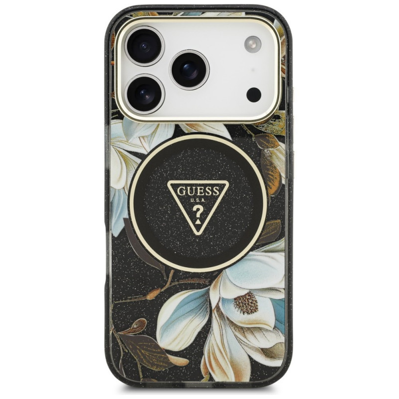 Guess Guess IML Glitter Flowers Triangle MagSafe dėklas, skirtas Apple iPhone 18 Pro Max / 17 Pro Max, juodas