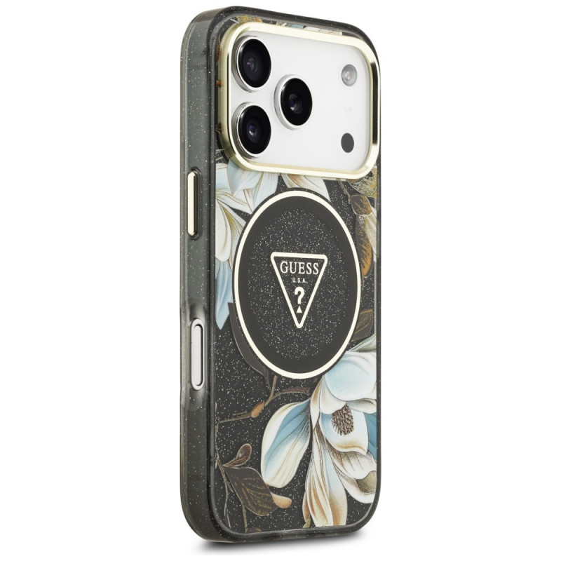 Guess Guess IML Glitter Flowers Triangle MagSafe dėklas, skirtas Apple iPhone 18 Pro Max / 17 Pro Max, juodas