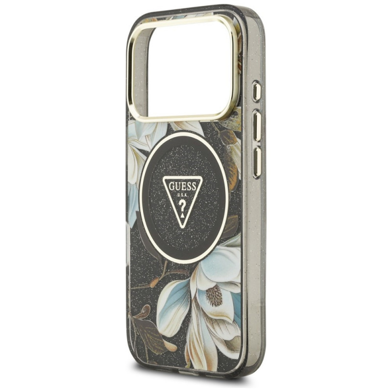 Guess Guess IML Glitter Flowers Triangle MagSafe dėklas, skirtas Apple iPhone 18 Pro Max / 17 Pro Max, juodas