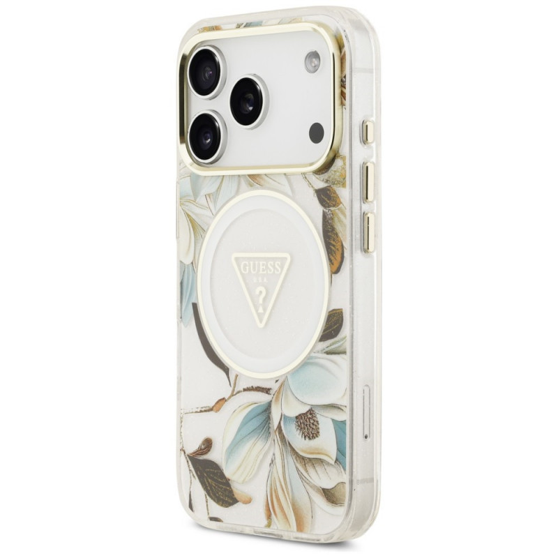 Guess Guess IML Glitter Flowers Triangle MagSafe dėklas, skirtas Apple iPhone 18 Pro Max / 17 Pro Max, baltas