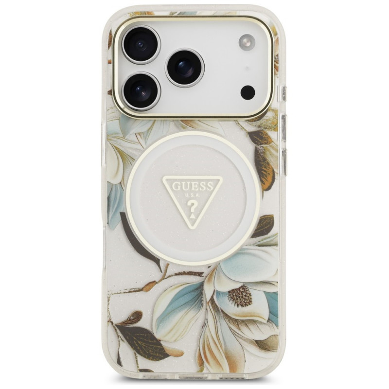 Guess Guess IML Glitter Flowers Triangle MagSafe dėklas, skirtas Apple iPhone 18 Pro Max / 17 Pro Max, baltas