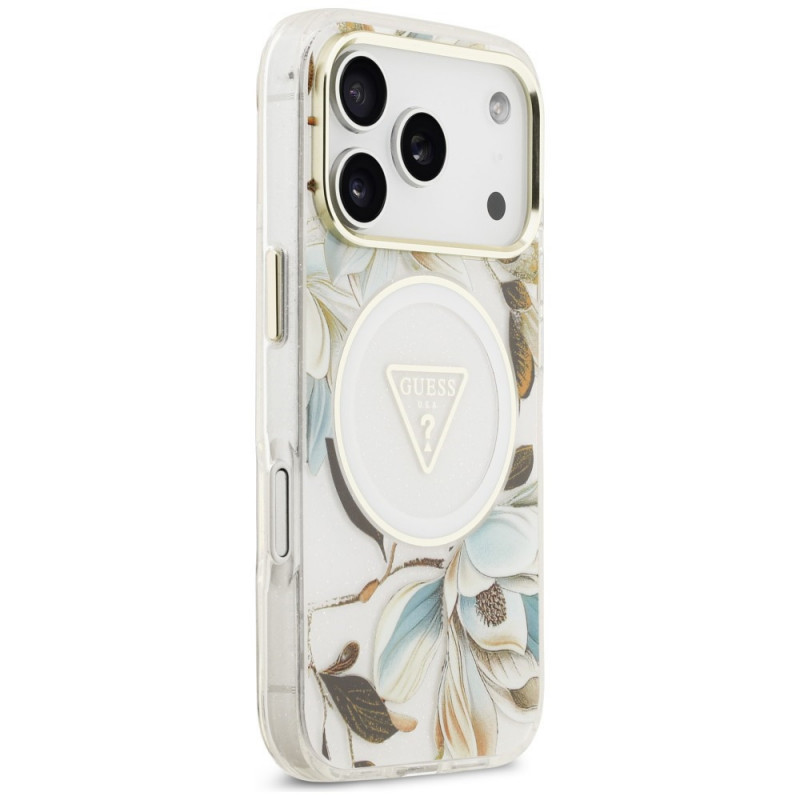 Guess Guess IML Glitter Flowers Triangle MagSafe dėklas, skirtas Apple iPhone 18 Pro Max / 17 Pro Max, baltas