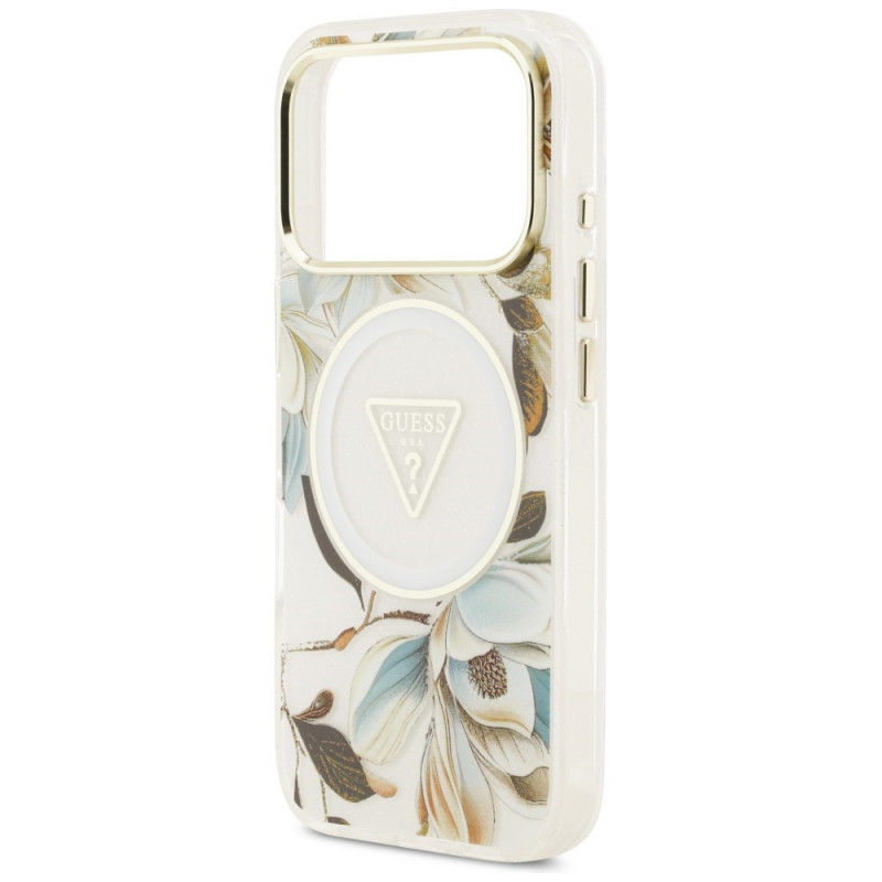 Guess Guess IML Glitter Flowers Triangle MagSafe dėklas, skirtas Apple iPhone 18 Pro Max / 17 Pro Max, baltas