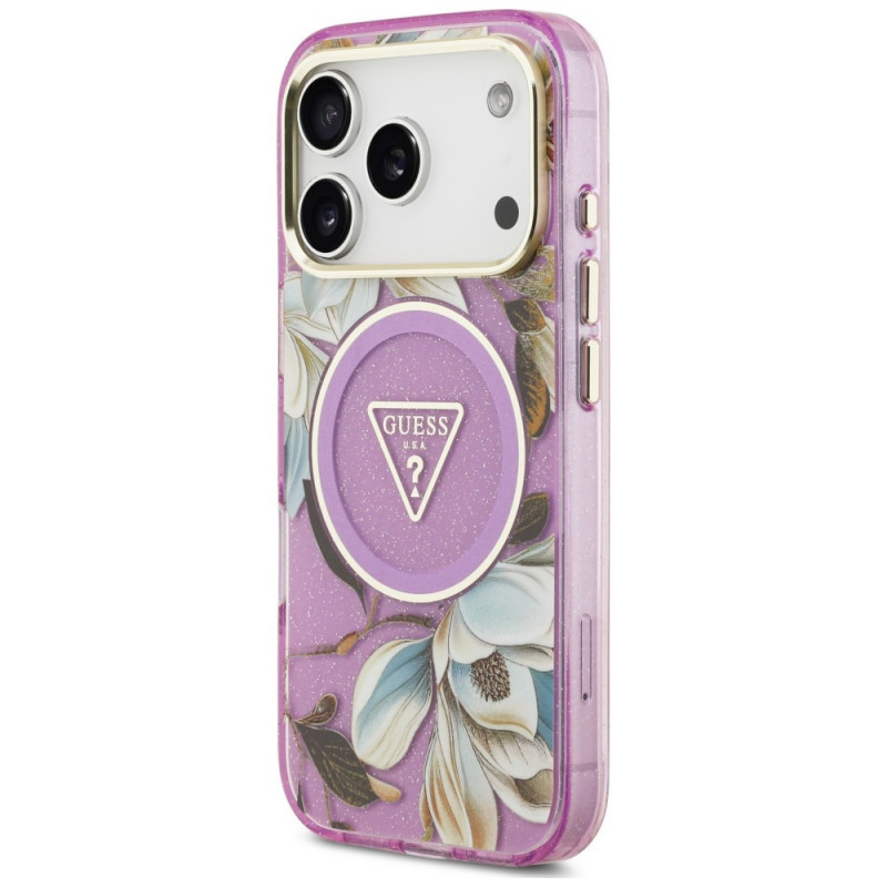 Guess IML Glitter Flowers Triangle MagSafe dėklas, skirtas Apple iPhone 18 Pro Max / 17 Pro Max, purpurinis