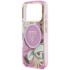 Guess IML Glitter Flowers Triangle MagSafe dėklas, skirtas Apple iPhone 18 Pro Max / 17 Pro Max, purpurinis
