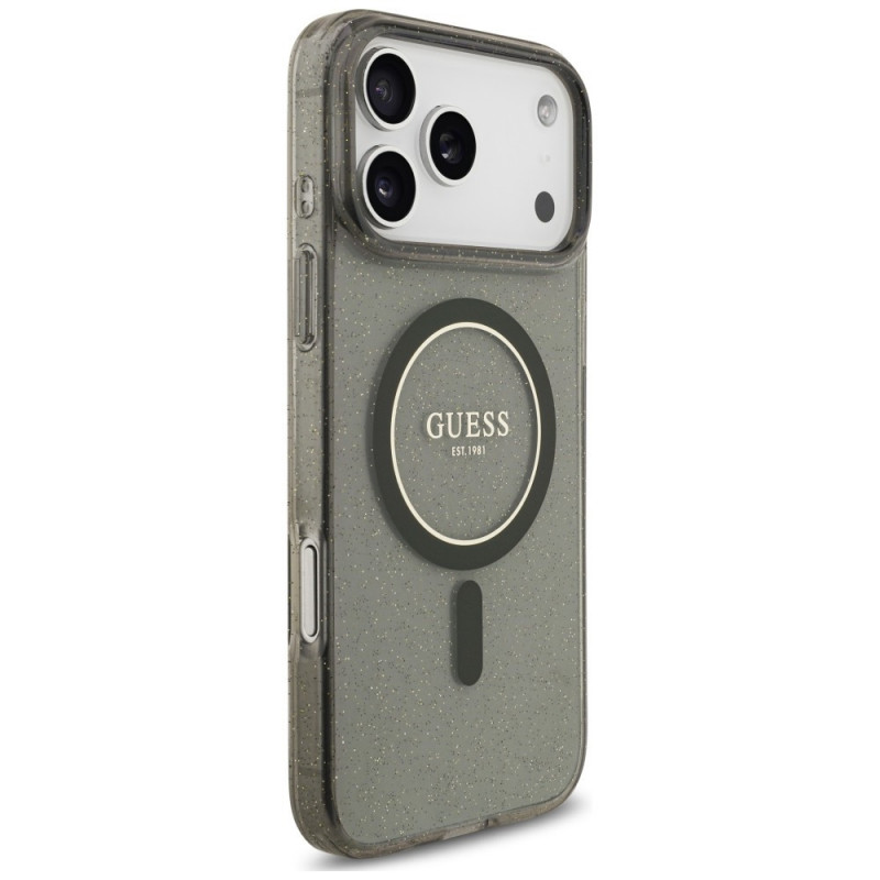 Guess IML Glitter Pearl Strap MagSafe dėklas, skirtas Apple iPhone 18 Pro / 17 Pro, juodas