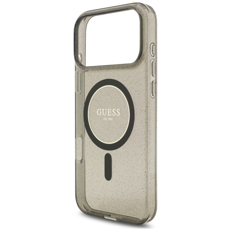Guess IML Glitter Pearl Strap MagSafe dėklas, skirtas Apple iPhone 18 Pro / 17 Pro, juodas
