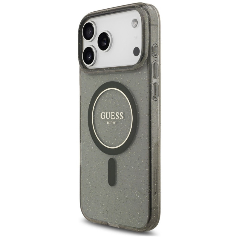 Guess IML Glitter Pearl Strap MagSafe dėklas, skirtas Apple iPhone 18 Pro Max / 17 Pro Max, juodas