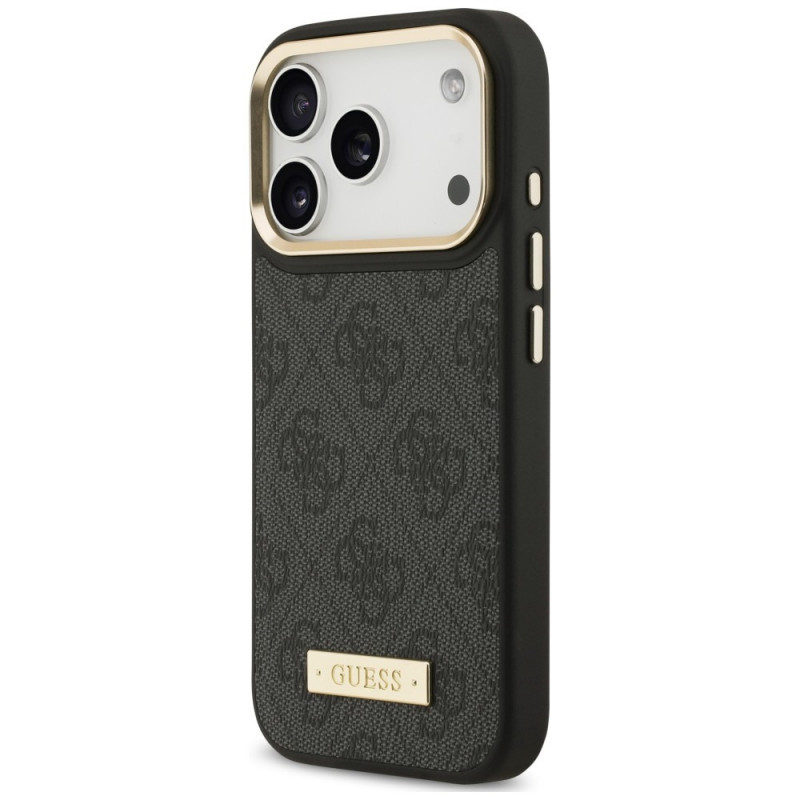 Guess Guess 4G Logo Plate MagSafe dėklas, skirtas Apple iPhone 18 Pro / 17 Pro, juodas
