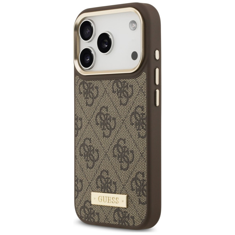 Guess Guess 4G Logo Plate MagSafe dėklas, skirtas Apple iPhone 18 Pro / 17 Pro, rudas