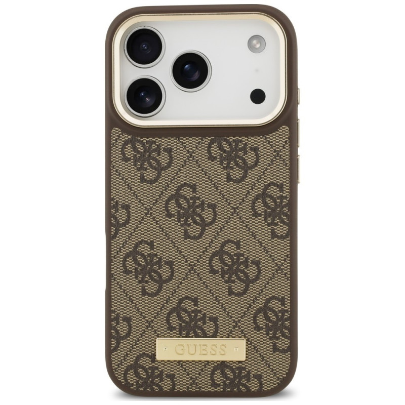 Guess Guess 4G Logo Plate MagSafe dėklas, skirtas Apple iPhone 18 Pro / 17 Pro, rudas