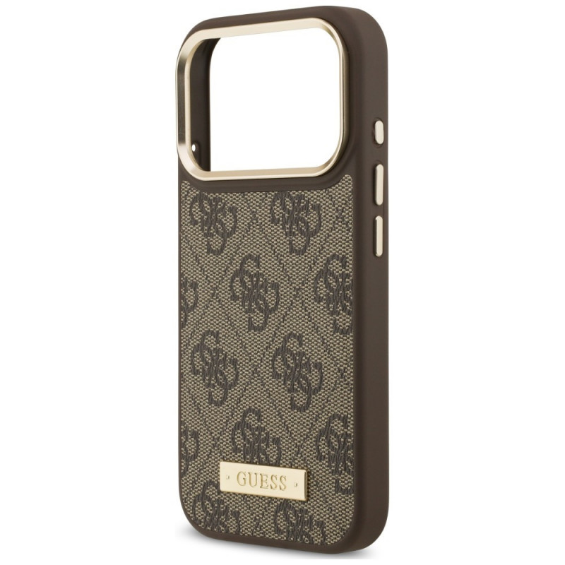 Guess Guess 4G Logo Plate MagSafe dėklas, skirtas Apple iPhone 18 Pro / 17 Pro, rudas