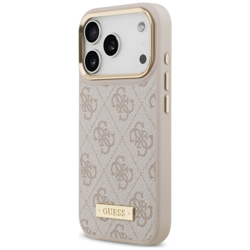 Guess 4G Logo Plate MagSafe dėklas, skirtas Apple iPhone 18 Pro / 17 Pro, rausvas