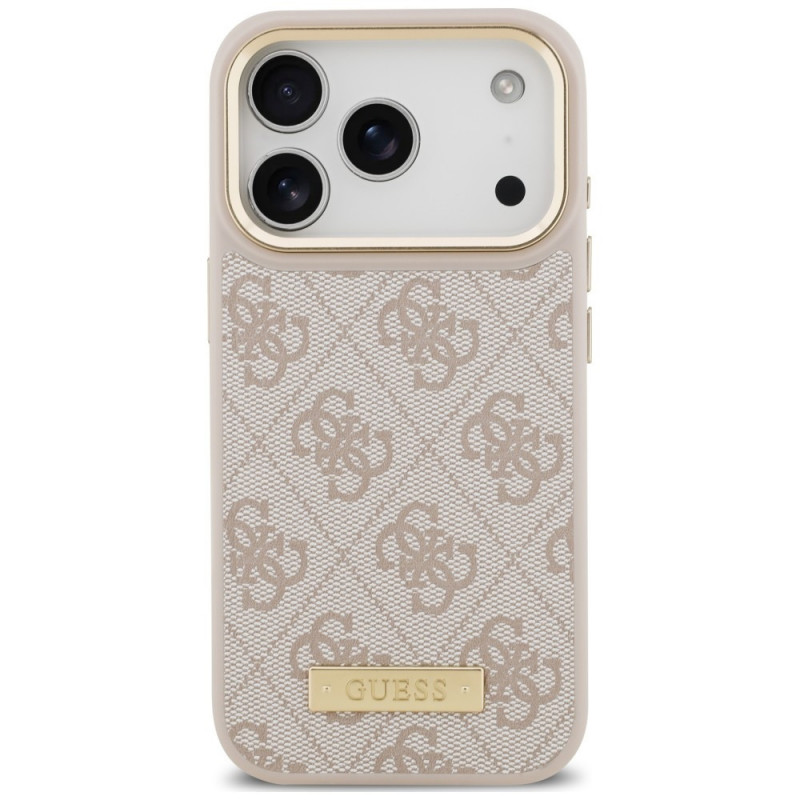 Guess 4G Logo Plate MagSafe dėklas, skirtas Apple iPhone 18 Pro / 17 Pro, rausvas