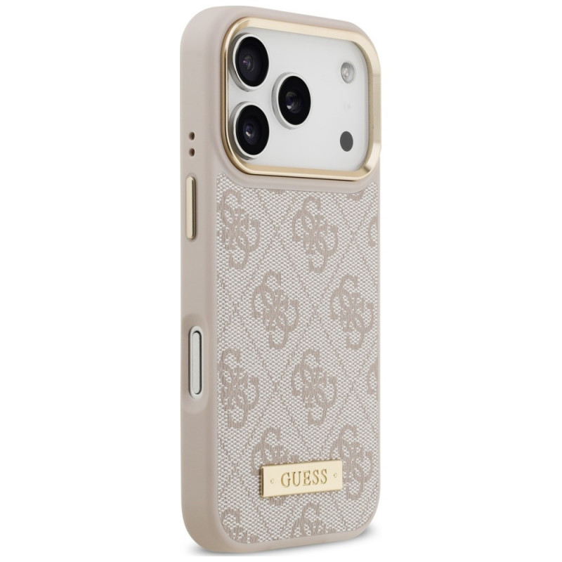 Guess 4G Logo Plate MagSafe dėklas, skirtas Apple iPhone 18 Pro / 17 Pro, rausvas