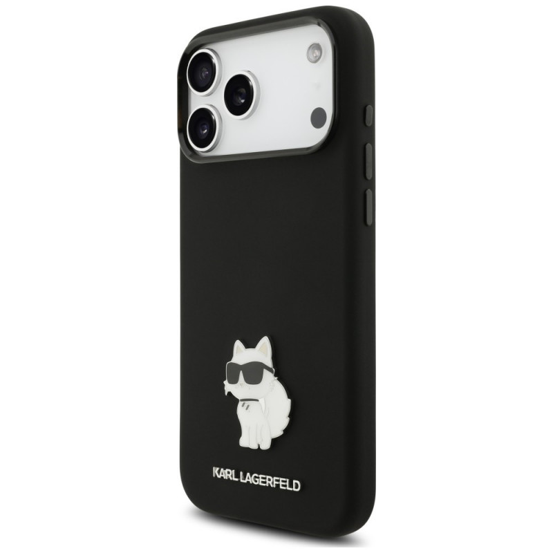 Karl Lagerfeld Silicone Choupette Metal Pin silikoninis dėklas su metaline sagelei skirta Apple iPhone 18 Pro Max / 17 Pro Max, juodas