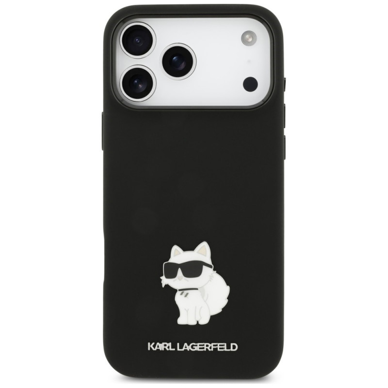 Karl Lagerfeld Silicone Choupette Metal Pin silikoninis dėklas su metaline sagelei skirta Apple iPhone 18 Pro Max / 17 Pro Max, juodas