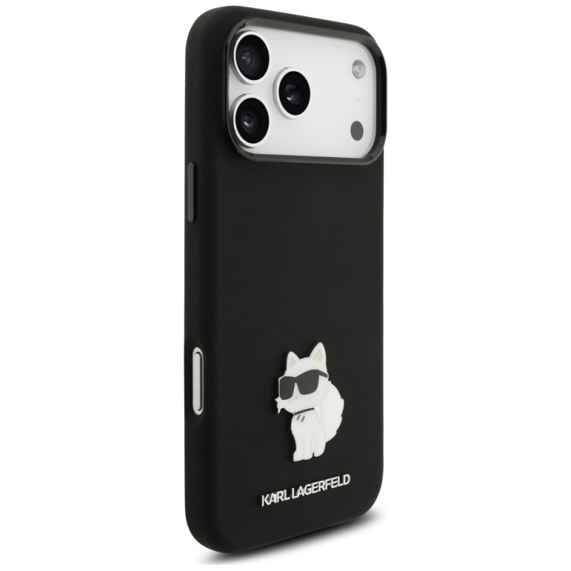 Karl Lagerfeld Silicone Choupette Metal Pin silikoninis dėklas su metaline sagelei skirta Apple iPhone 18 Pro Max / 17 Pro Max, juodas