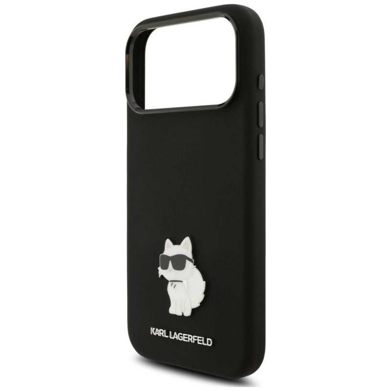 Karl Lagerfeld Silicone Choupette Metal Pin silikoninis dėklas su metaline sagelei skirta Apple iPhone 18 Pro Max / 17 Pro Max, juodas