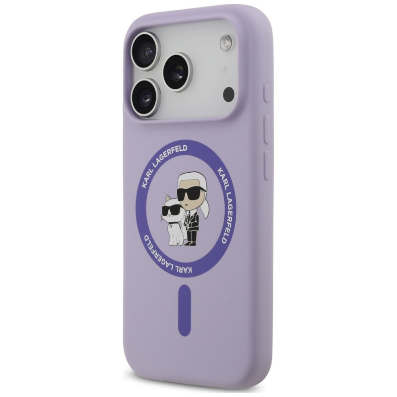 Karl Lagerfeld silikoninis Karl&Choupette Ring MagSafe dėklas, skirtas Apple iPhone 18 Pro / 17 Pro, purpurinis
