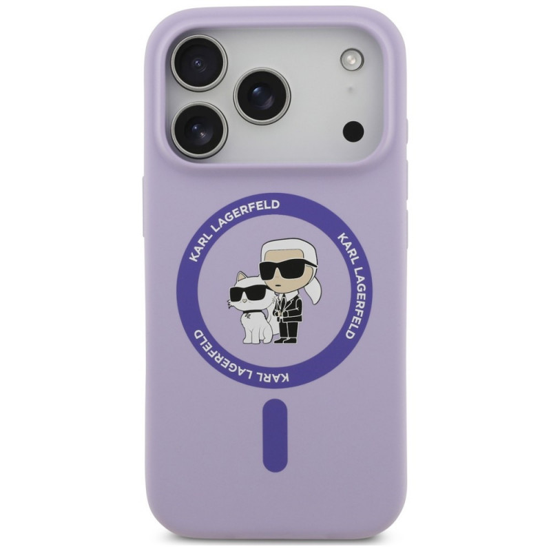 Karl Lagerfeld silikoninis Karl&Choupette Ring MagSafe dėklas, skirtas Apple iPhone 18 Pro / 17 Pro, purpurinis