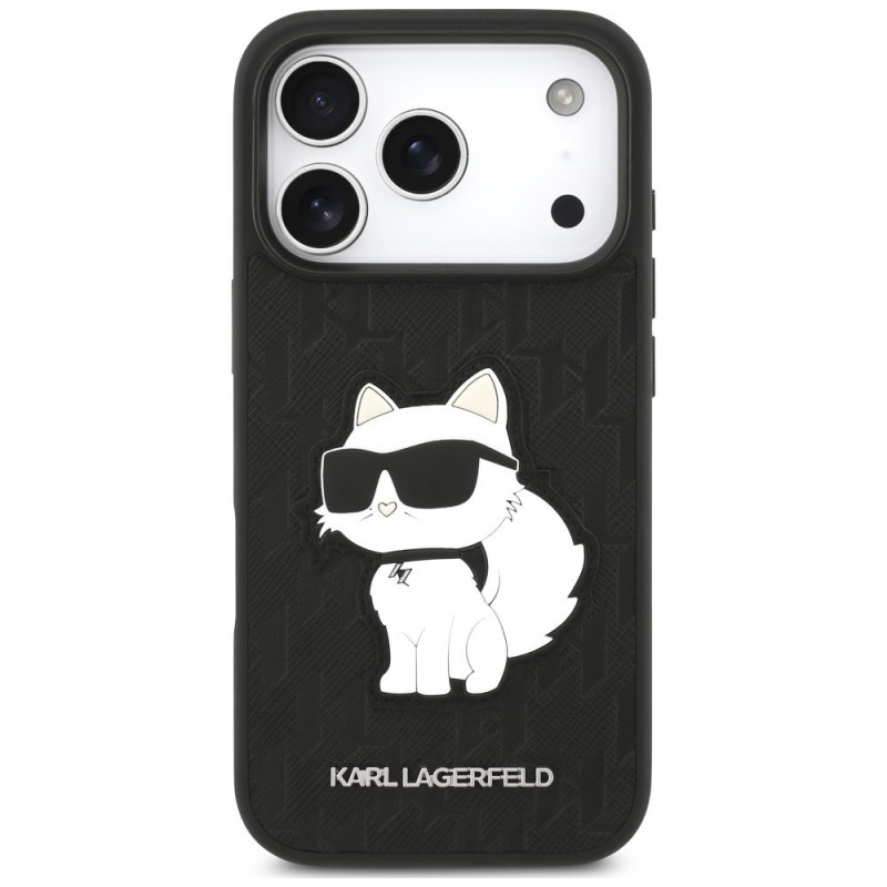 Karl Lagerfeld Saffiano Mono Patch Choupette dėklas, skirtas Apple iPhone 18 Pro / 17 Pro, juodas